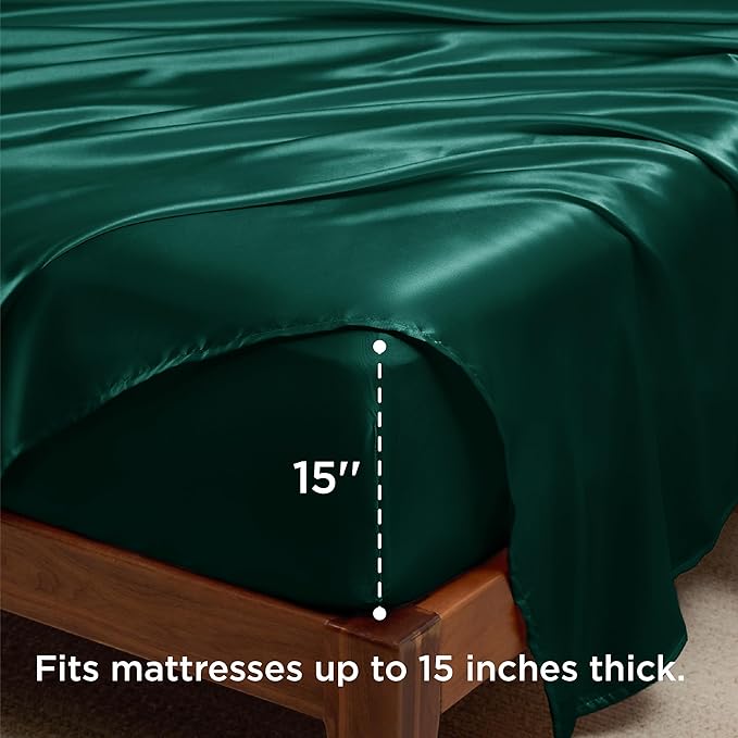 Bedsure Satin Sheets King Size - 4 Piece Silky Bedsheets with 15 Inches Deep Pocket Fitted Bedsheet,1 Flat Sheet, 2 Satin Pillowcases, Good for Hair & Skin (King, Dark Green)