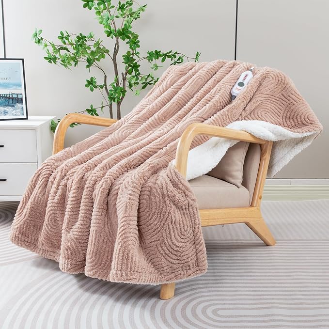 Heated Throw Blanket Electric - 50"x60" Cozy Soft Jacquard Heating Blanket with 4 Heat Levels & 4 Hours Auto-Off, Electric Throw with Overheating Protection, Warm Gifts, Brown