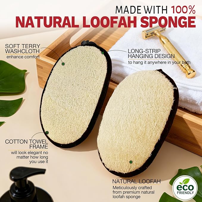 Natural Loofah Sponge (2 Pack),Large 7"x5.1"Shower Loofah Sponge Exfoliating Body Scrubber for Women and Men,Natural Materials are Easily Biodegradable and Bath Exfoliation Doesn't Hurt The Skin