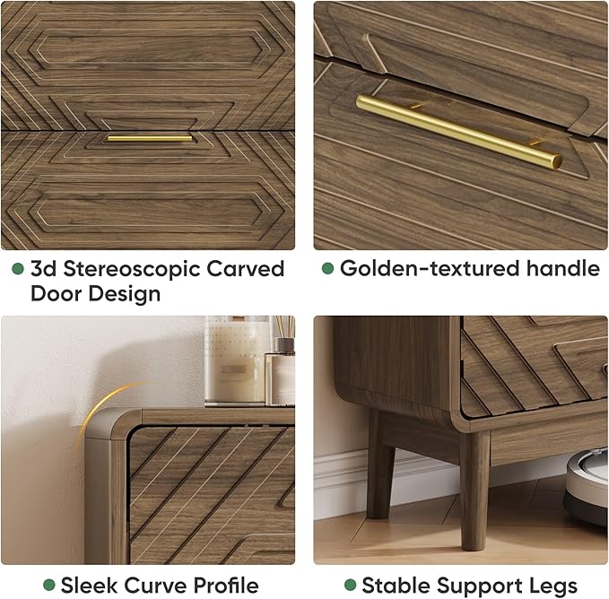 Shoe Storage Cabinet with Hand-Carved Raised Embossed 2 Flip Drawers,Slim Shoe Rack Cabinet, Narrow Shoe Cabinet Storage for Entryway Entrance, Freestanding Shoe Organizer Cabinet (Walnut)
