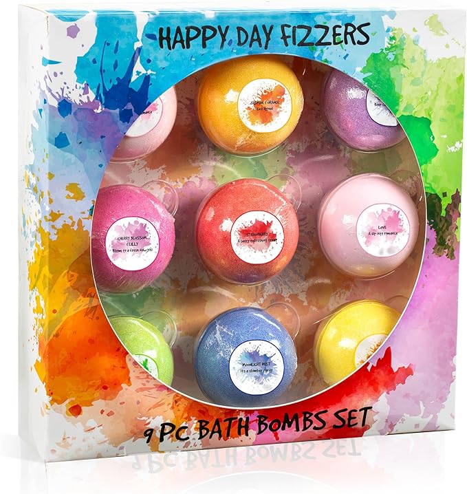 Happy Day Fizzers Aromatherapy 9 Pcs Large Bath Bomb Gift Set for Women – Relaxing Aromatherapy Home Spa Birthday Christmas Gifts for Mom (Happy Day Fizzer 2.0)