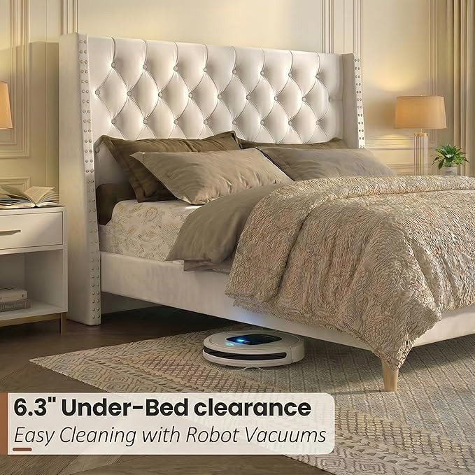 Queen Bed Frame White Velvet, 47.2" Tall Wingback Headboard with Gold Nailhead Trim, Upholstered Platform Bed with Diamond Tufting, 1000lbs Heavy Duty Support, No Box Spring Needed