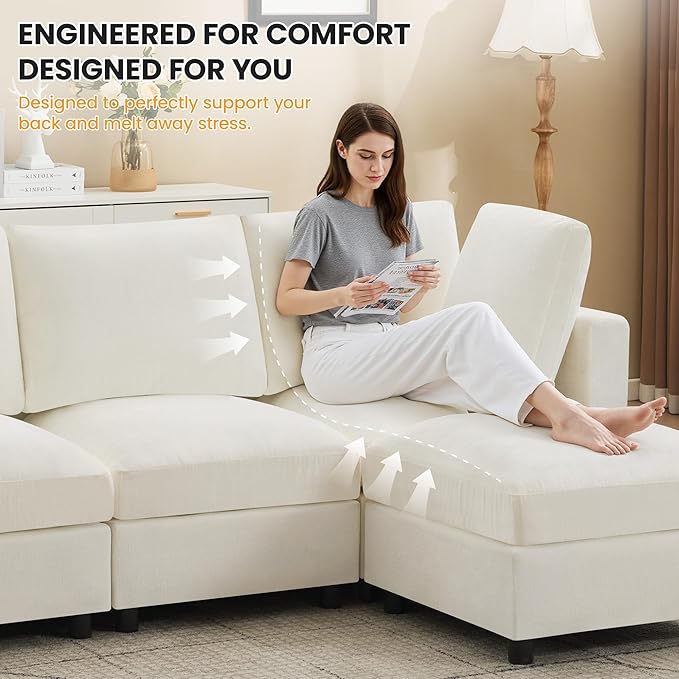 116'' 4-Seater Modular Sectional Cloud Sofa with 2 Ottomans, U-Shaped Couch for Living Room, Modern Deep Seat Sofa with Soft Back Cushions, Chenille Beige