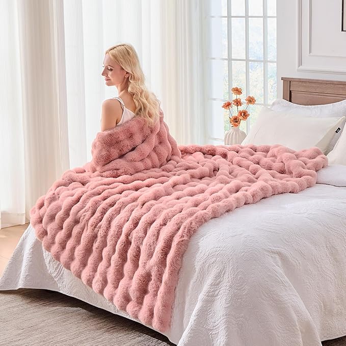 BENVWE Faux Fur Throw Blanket for Couch - Fluffy Soft Thick Bubble Blanket for Living Room Home Decor - Mothers Day Birthday Gifts for Women, Dusty Pink, 51" x 63"