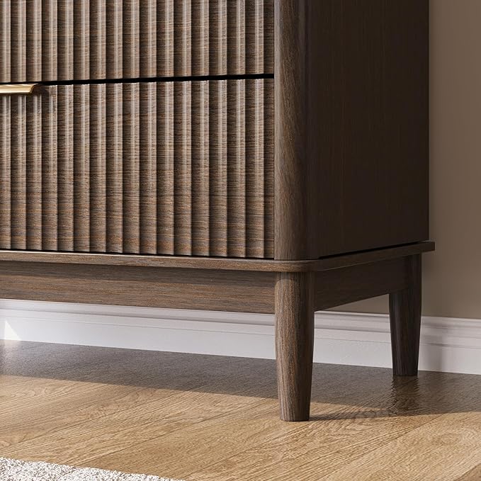 LINSY Fluted Dresser for Bedroom with 5 Drawers, Mid Century Modern Chest of Drawers with Gold Metal Handles, Tall Boho Wood Dressers, Large Farmhouse Storage Cabinet for Bedroom, Living Room, Walnut