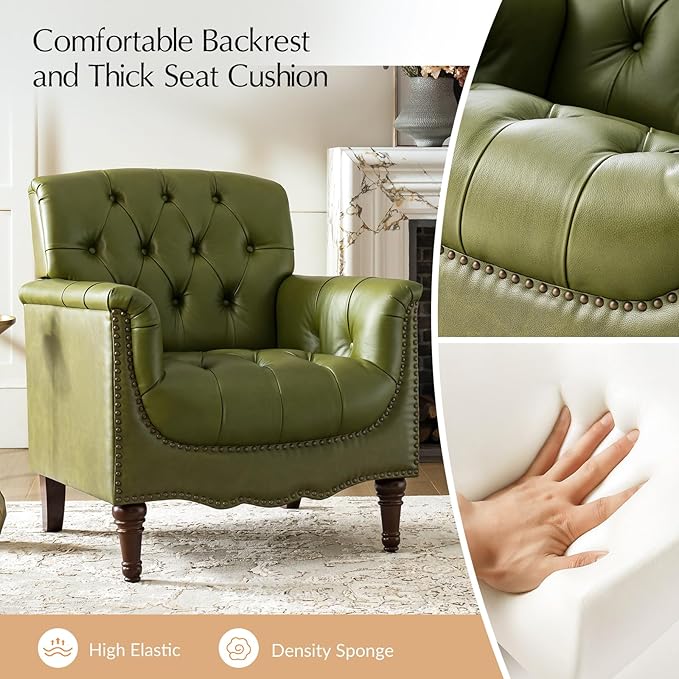 HULALA HOME Mid Century Modern Leather Club Chairs, Top-Grain Genuine Leather Armchairs with Button-Tufted Back & Solid Wood Legs, Accent Chairs for Living Room/Bedroom/Home Office, Olive