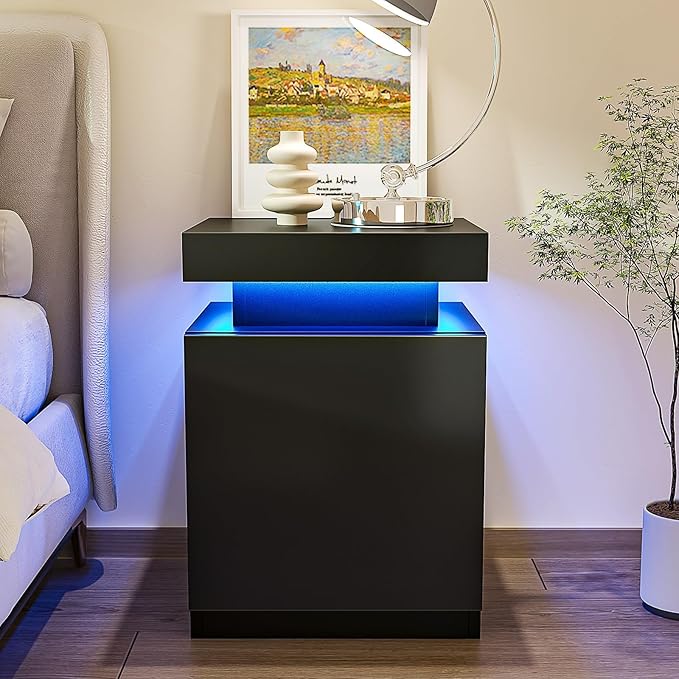 MXV Nightstand Set of 2 with LED Lights,Night Stand with Storage Cabinet for Bedroom,Bedside Table with LED (Black, 17.7IN)