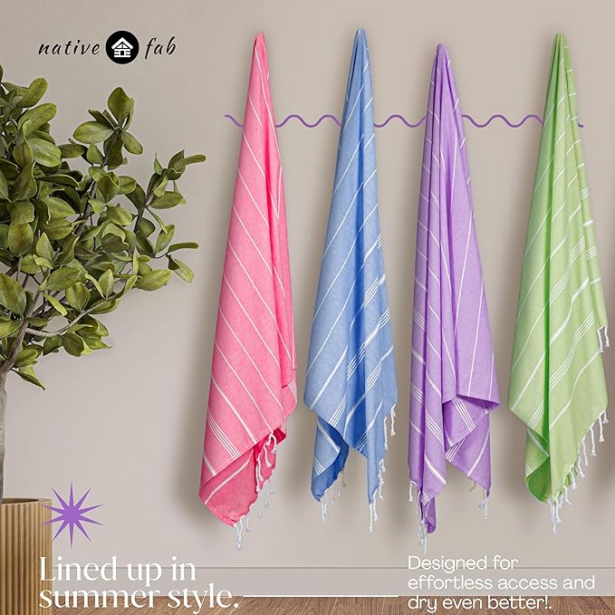 Native Fab 4 Pack Turkish Cotton Beach Towels, Oversized, Soft, Sand Free, Absorbent, Quick Dry, Lightweight for Bath, Pool, Travel, Spa - Rose Pink, Sky Blue, Lavender, Lemon Green