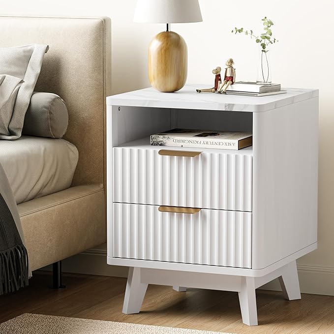 White Nightstand with 2 Drawers, 18" Modern Night Stand with Faux Marble Top, Open Storage Shelf, Fluted Bedside Table for Bedroom, End Table Side Table