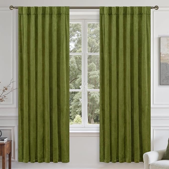 LAMIT Moss Green Velvet Blackout Curtains 72 Inch, Vintage Thermal Insulated Room Darkening Drapes for Living Room Back Tab and Rod Pocket Privacy Window Panels for Bedroom, 2 Panels, 52 x 72 Inch