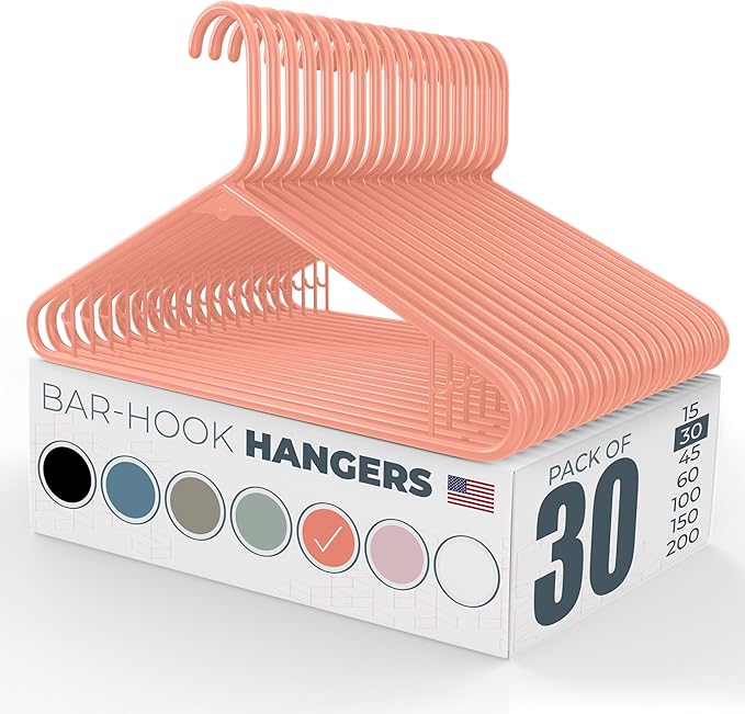 Neaties Plastic Hangers 30 Pack – Made in The USA – 6lb Capacity Standard Clothes Hangers with Strap Hooks for Dresses, Lingerie, Shirts, Pants, and Jackets – Peach