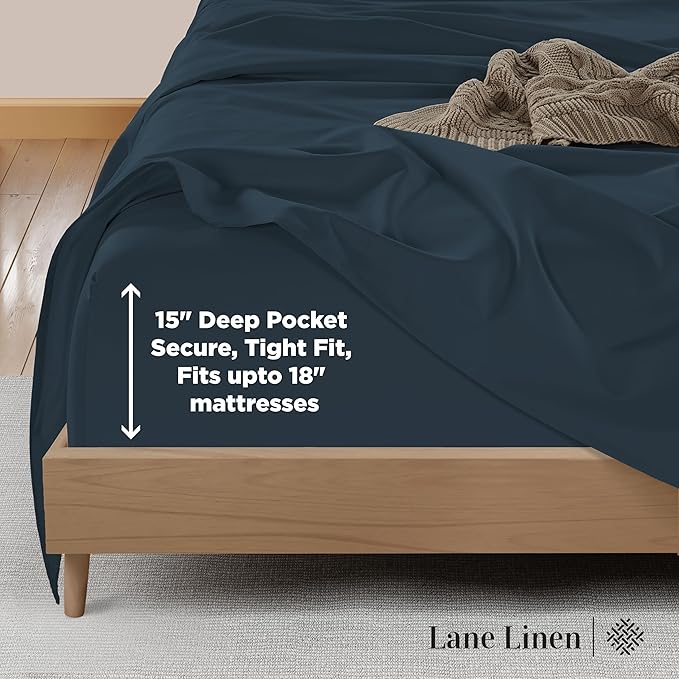 LANE LINEN 100% Cotton Sheets Queen Size – 600 Thread Count Naturally Cooling Queen Bed Set, Durable Bedding for Daily Use, Luxury Sateen Finish, Snug Fit 15" Deep Pocket Fitted Sheet – Estate Blue