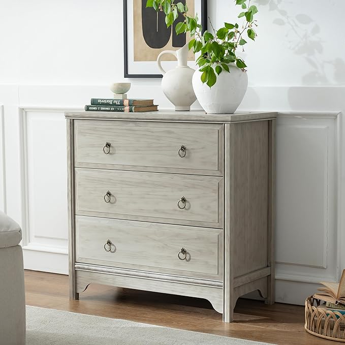 Chogori Solid Wood Dresser for Bedroom- Natural Wood Veneers & Water Based Paint Finished- Vintage Chests of Drawers, Small 3 Drawer Dresser (2, Antique Gray)