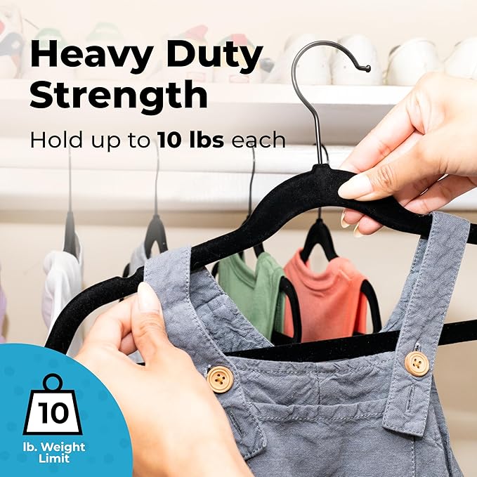 Fontaines Luxury Kid's Black Velvet Felt Non Slip Clothes Hangers 50 Pack - Ultra Slim & Space Saving - Heavy Duty Swivel Black Hook for Children's Clothing, Shirt, Dress, Skirt & Pants Organization
