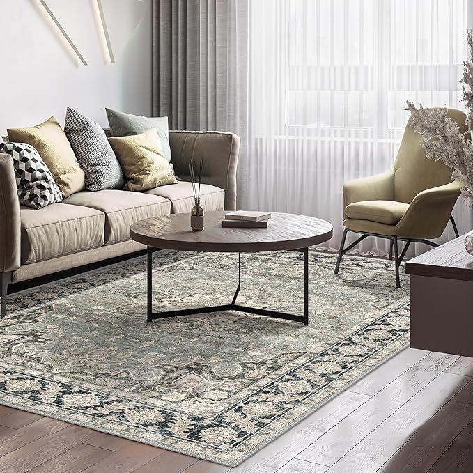 9x12 Area Rugs - 9x12 Washable Area Rug Indoor Vintage Rug Print Rug Low-Pile Floor Carpet for Living Room, Bedroom (Olive Charcoal)
