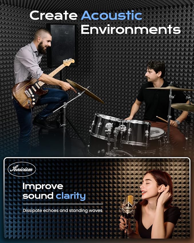 Sonicism Sound Proof Foam Panels for walls Self-Adhesive 30 Pack Pyramid 12" X 12" X 2" Acoustic Panels 35kg/m³High Density,Soundproof Wall Panels Fast Expand,Sound Absorption and Decoration,Black