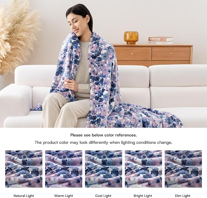 Luxury Printed Fleece Warm Blanket, Soft Lightweight Velvety Plush Throw for Couch and Bed, Cozy Comfy for All Seasons(White Purple Flowers, 90×90 Inches)