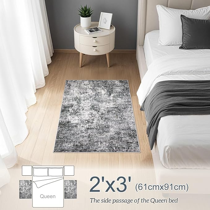 2x3 Entryway Area Rug: Washable Neutral Modern Abstract Small Rug - Non-Slip Low Pile Throw Indoor Carpet for Entrance Kitchen Front Door Mat Bathroom Entry Kids Room - Grey