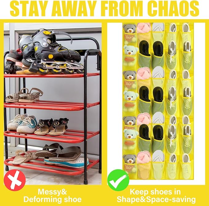 Windyun 40 Over the Door Shoe Organizer Large Mesh Pocket Hanging Shoe Rack for Closet Yellow Nonslip Behind Door Storage Holder Back to School Organizer for Dorm Room College Classroom Storage