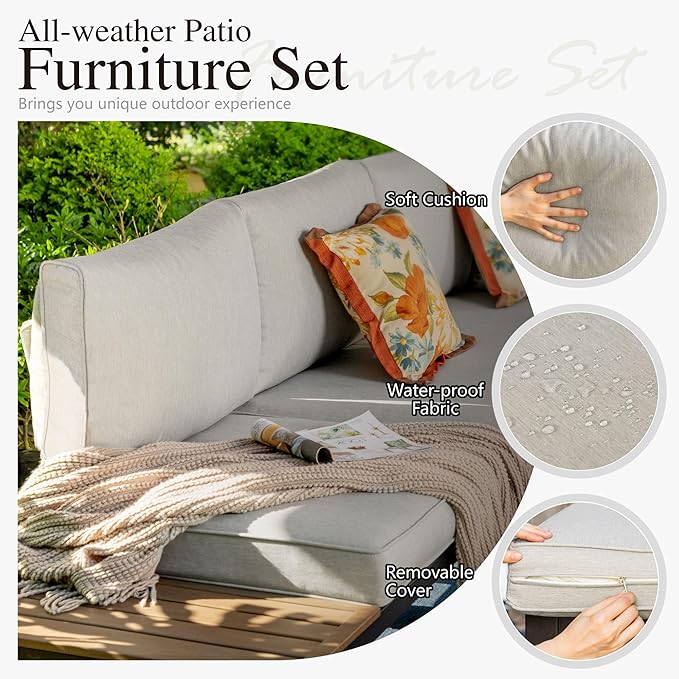 Sophia & William 6 Pieces Patio Furniture Set, Outdoor Metal Sectional Sofa, Patio Conversation Set-2 x Single Sofa with Side Table,1 x Loveseat,2 x Single Couch,1 x Tea Table(Beige Grey)