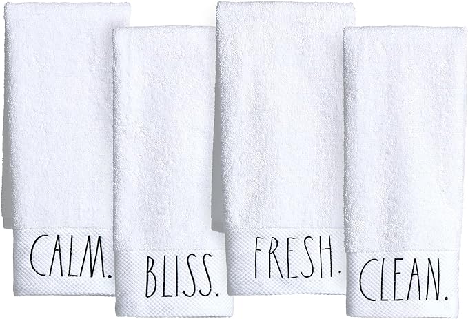 Rae Dunn Hand Towels, Embroidered Decorative Hand Towel for Kitchen and Bathroom, 100% Cotton, White- Fresh/Clean/Calm/Bliss, 16"x 28"