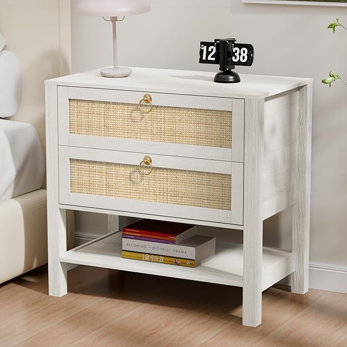 White Night Stand Set of 2 with 2 Drawers and Storage Shelf, 26” Tall Boho Nightstand, Wood Large Bedside Table for Bedroom, Side Table, White