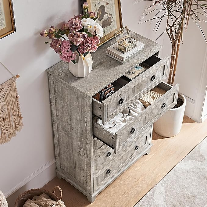 Farmhouse 5 Drawer Dresser for Bedroom, 42" Tall Small Dressers & Chest of Drawers, Rustic Wood Dresser with Metal Handle, Storage Organizer Closet for Living Room, Hallway, Entryway