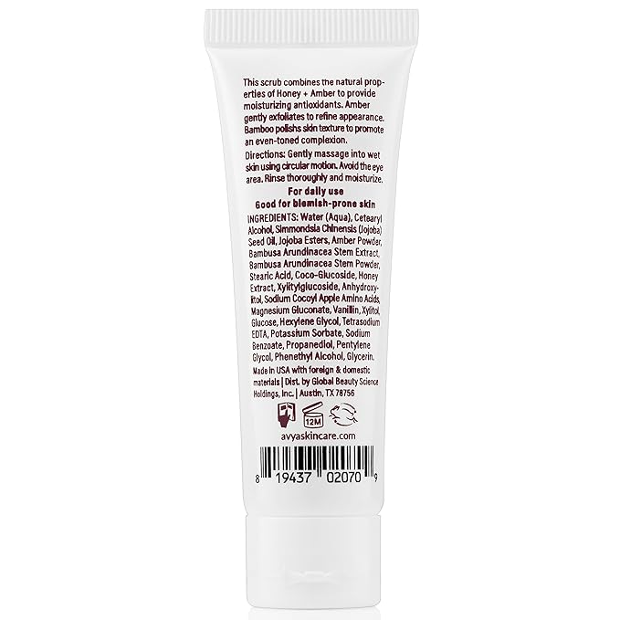 AVYA Honey + Amber Exfoliating Scrub (Travel Size - 1 fl oz) - Deep Cleansing with Honey's Antioxidant Power and Bamboo for Refined Texture and Intense Moisturization