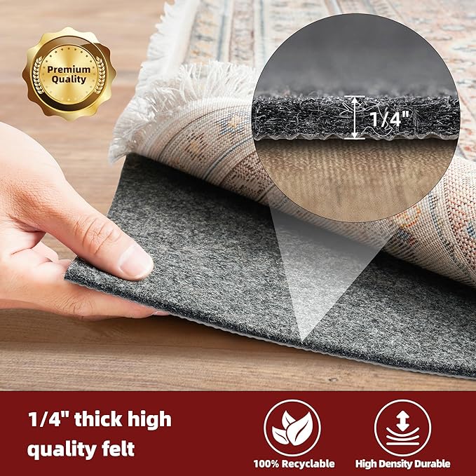 BAGAIL Felt and Natural Rubber Backing Rug Pads 1/4” Thick, 2 x 6 Ft Non Slip Carpet Gripper Keep Rugs in Place, Under Area Rug Protective Cushioned Pads, Carpet Runners, Hardwood Floors Protection