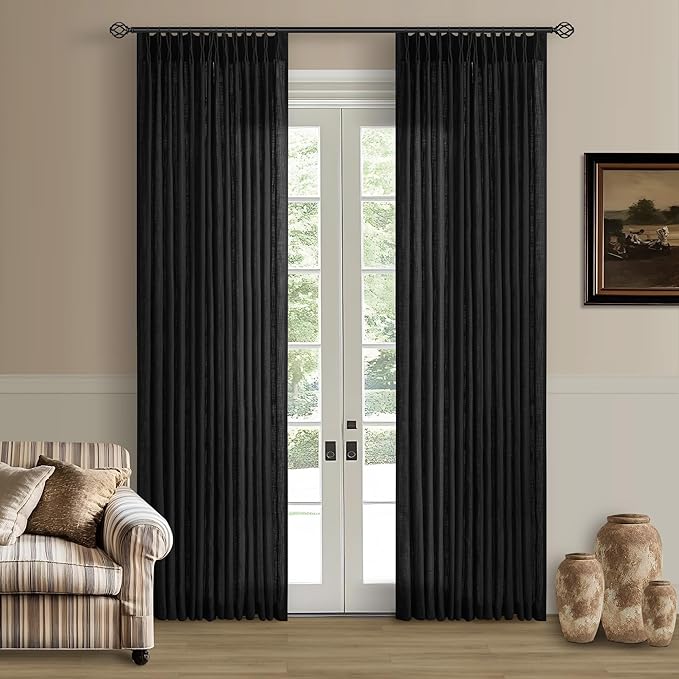 Black Pinch Pleated Linen Curtains 80 Inches Long for Living Room Bedroom Light Filtering Boho Window Drape 80 Inch 2 Panels with Hooks Rings Back Tab Sliding Glass Door Semi Sheer Curtain