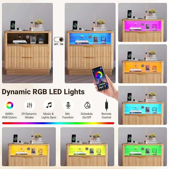 ELYKEN Wood Fluted Nightstand with Charging Station & LED Light, 24" Wide Night Stand for Bedroom, LED 2 Drawer Bedside Table with Power Outlet