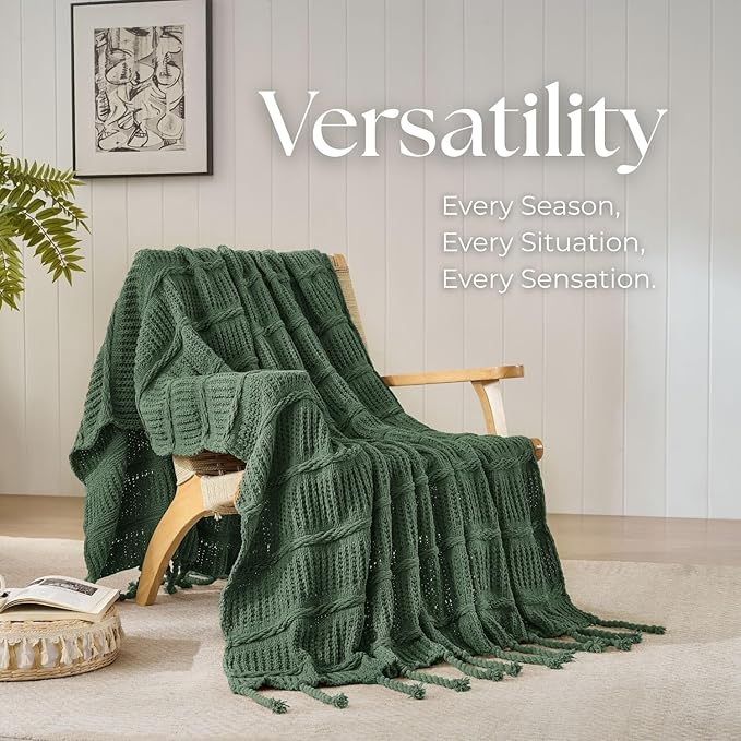 Boho Knitted Chenille Blanket with Tassels - Lightweight & Soft All-Season Throw - 3D Classic Pattern for Living Room Bedroom Couch, Imperial Green, Twin 60"x80"