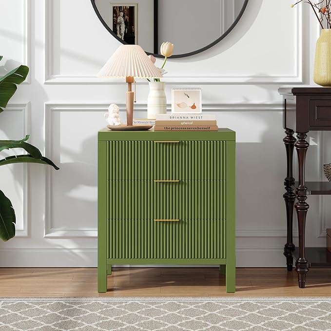 End Table with Storage, Wooden Farmhouse Nightstands with 3 Drawers, Bedside Table - Boho Tall Side Table Accent for Bedroom, Living Room, Green