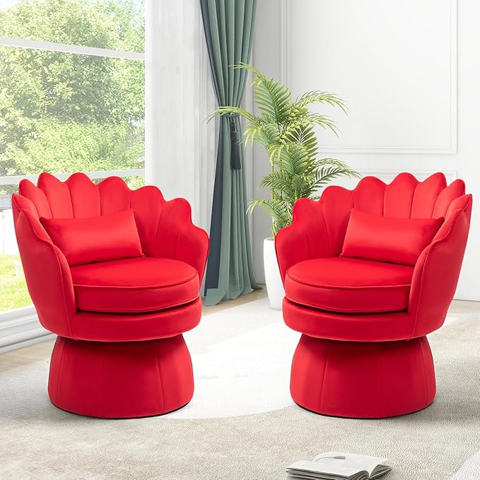 360° Swivel Accent Chair, Mid-Century Modern Velvet Barrel Chair, Comfy Shell Shape Arm Chair with Lumbar Pillow for Living Room, Bedroom, Office, Rose Red