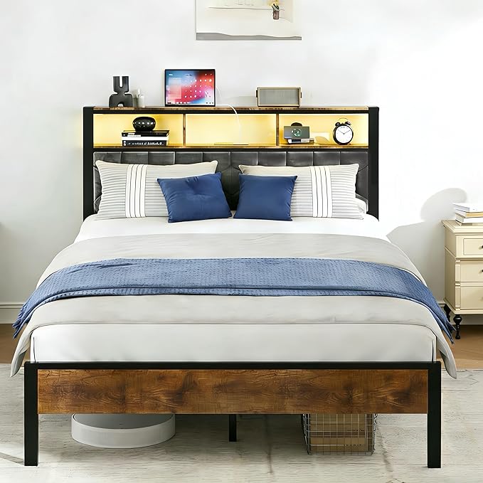 Full Size Bed Frame with Storage Headboard & Charging Station, Platform Bedframe with LED Lights, Upholstered Headboard, Metal Slat Support, No Box Spring Needed