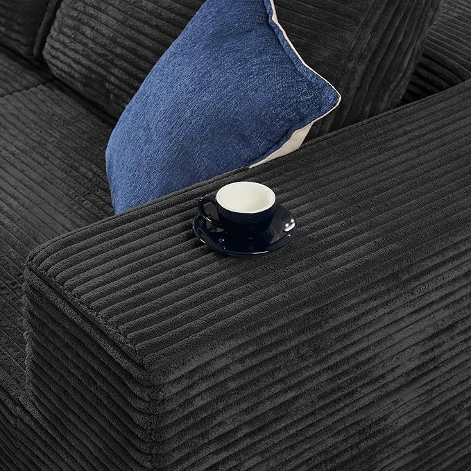 106" 3-Seater Sofa, Cloud Modular Sofa with Certified Foam, Upholstered Floor Sofa with Deep Seat, Upholstered Sofa for Bedroom Living Room, No Assembly Required (Plush Corduroy Fabric, Black)