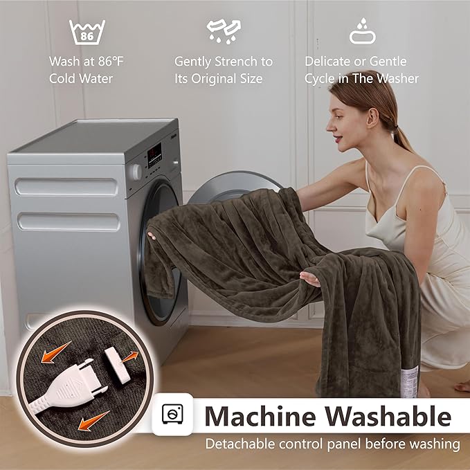 Wapaneus Heated Blanket Electric Twin Size 62"x84" with 10 Heating Levels 12 Timer Settings 8 Hours Auto-Shut Off,Flannel Fast-Heating Electric Blanket,ETL Listed Machine Washable,Dark Brown