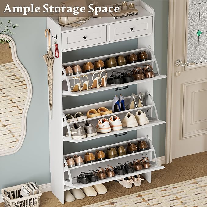 Shoe Storage Cabinet for Entryway, Farmhouse Narrow Shoe Cabinet with 3 Flip Drawers & 2 Top Drawers, Adjustable Shelves & Hooks, Freestanding Hidden Rack Organizer for Hallway, Foyer