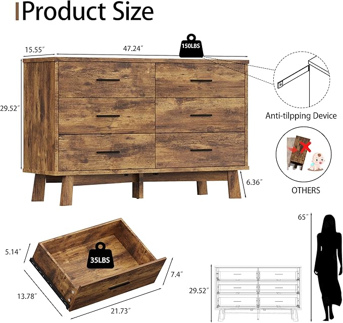 Dresser for Bedroom, 6 Drawer Wide Modern Chest of Drawers with X-Shaped Sturdy Base, Wood Double Dresser Closet Clothes Storage Organizer, Wooden TV Stand for Living Room, Hallway, Brown