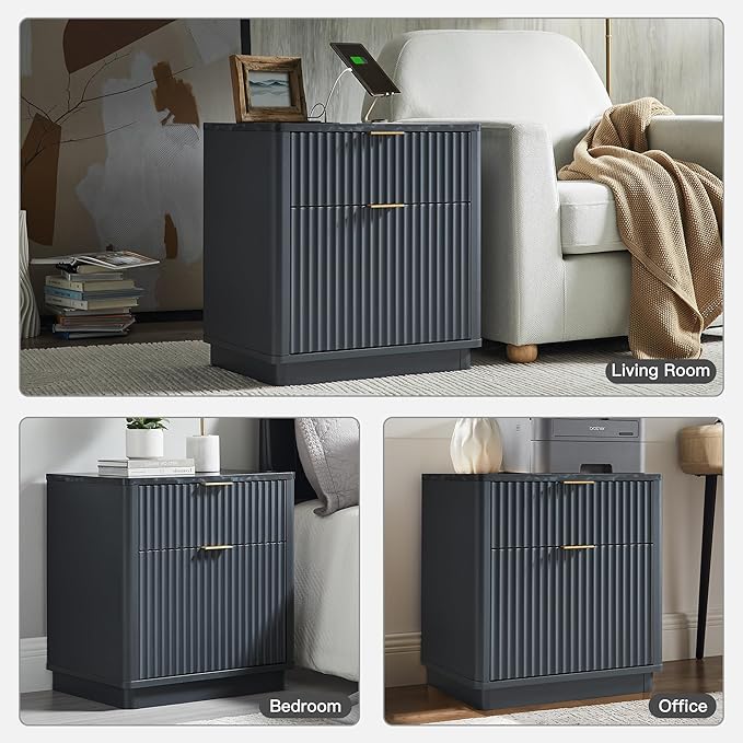 T4TREAM 23'' Fluted Nightstand Set of 2 with Charging Station, Large 2 Drawer Bedside Table, Modern End Table with Storage, Mid Century Night Stand for Bedroom Living Room, Curved Profile, Dark Grey