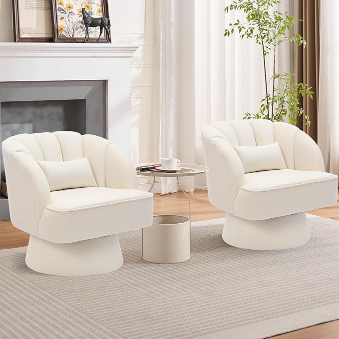 GarveeHome Modern Swivel Barrel Accent Chair, 360 Degree Velvet Upholstered Armchair with Striped Backrest & Plush Padding, Comfy Round Lounge Chair for Living Room, Bedroom, Reading Nook, Beige