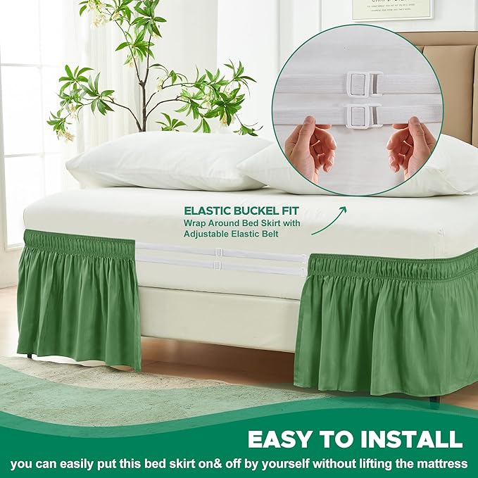 Biscaynebay Wrap Around Bed Skirts for Queen Size Beds 18" Drop, Sage Adjustable Elastic Dust Ruffles Easy Fit Wrinkle Resistant Silky Luxurious Fabric Machine Washable