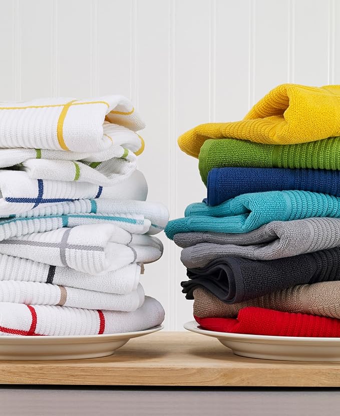 T-Fal Solid & Checked Parquet Kitchen Towels: Highly Absorbent, Super Soft Long Lasting - 100% Cotton, 16"x26" Dish Towels for Cleaning & Drying Dishes, Pans, Glassware, Countertops, 6-Pack, Sand