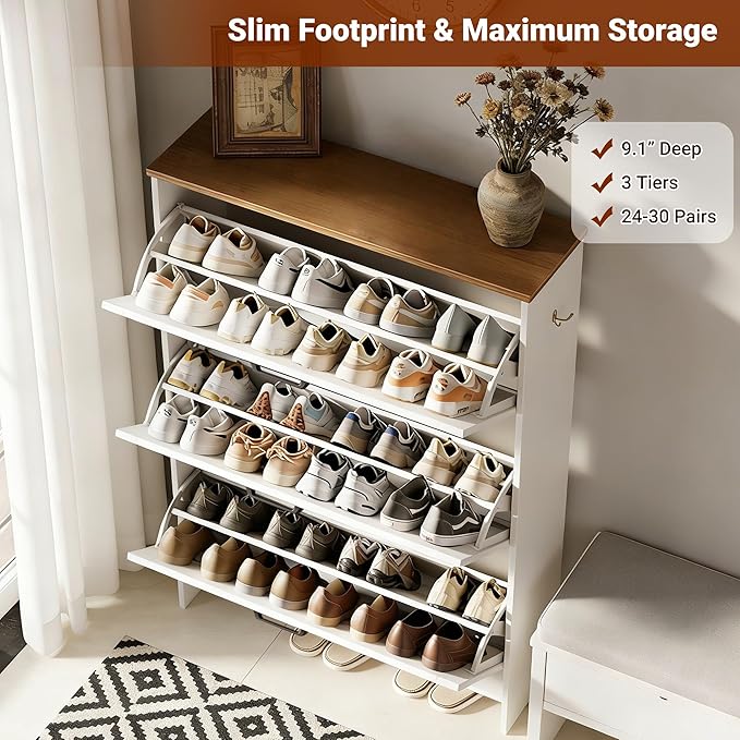 Nicetree Shaker Barn Door Shoe Storage Cabinet for Entryway, 3 Flip Drawers & 3-Tier Adjustable Shelves, Ultra Slim Freestanding, Modern Rustic Brushed White Farmhouse Shoe Rack for Hallway, Foyer
