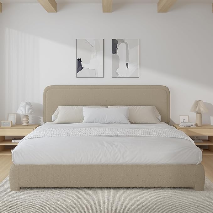 BarnFurin Boucle Upholstered Bed Frame King Size/Cloud Bed Frame/Soft Rounded Corners Headboard/Low Profile/No Box Spring Needed/Beige