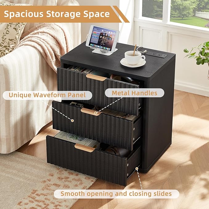 LEYAOYAO 23" Wide Fluted Farmhouse Night Stand Set of 2 with Charging Station, 3 Drawers Large End Table w/Metal Handle,Black Nightstand Bedside Table,Wood Dresser for Bedroom, Closet