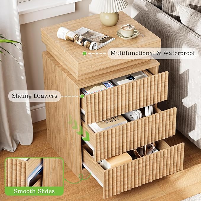 Nightstands Set of 2 with Charging Station & LED Lights, Modern Small Fluted Bedside & End Tables with 3 Drawers, Sliding Top & Hidden Storage, Wooden Farmhouse Night Stand for Bedroom, Natural Oak