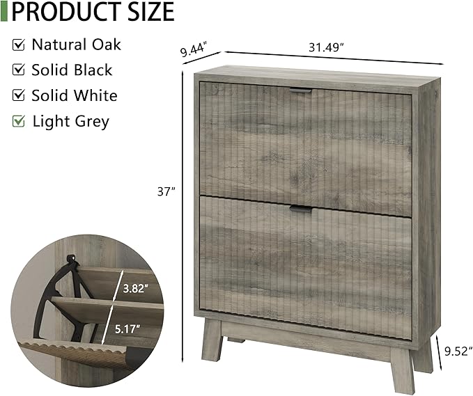 Shoe Cabinet with 2 Flip Drawers, 37" Tall Narrow Fluted Shoe Storage Organizer for Entryway, Hidden Slim Wooden Shoe Rack Cabinet for Front Door Entrance, Hallway, Living Room, Light Grey