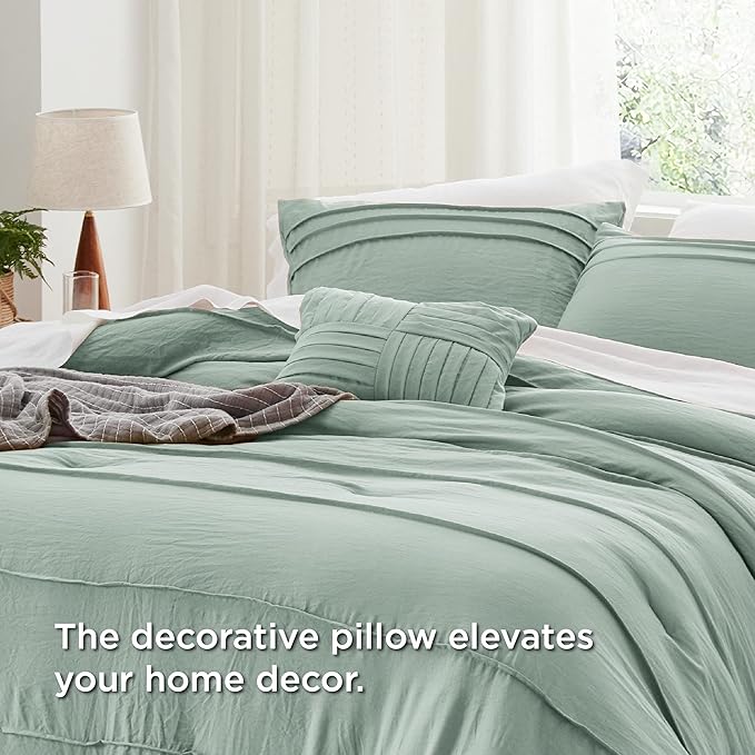 Bedsure King Comforter Set - 4 Pieces Pinch Pleat Bed Set, Sage Green Boho Bedding for All Season, 1 Soft Comforter, 2 Pillowcases, 1 Decorative Pillow