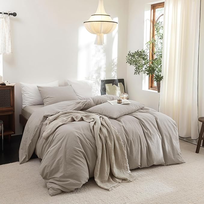 FOSSA Duvet Cover Set 100% Washed Cotton Linen Feel Super Soft Breathable Cozy 3 Pieces Bedding Sets Solid Cream Grey Queen